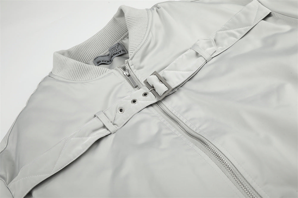 Bomber Jacket Men Oversized Buckle Strap Stand Collar Padded Outerwear