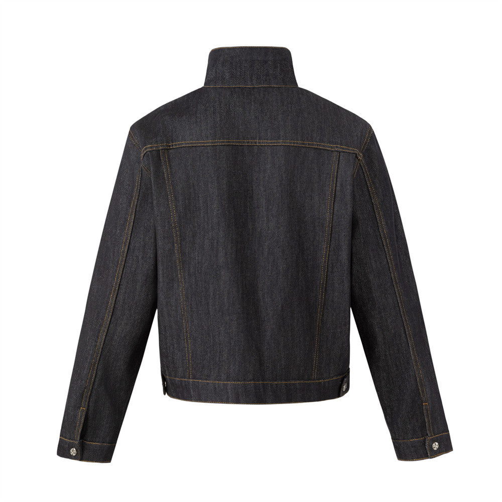 Men's Black Jean Jacket – Stand Collar, Asymmetric Placket & Cropped Silhouette