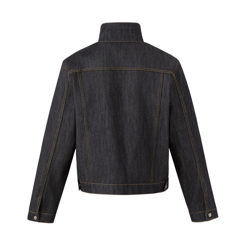 Men's Black Jean Jacket – Stand Collar, Asymmetric Placket & Cropped Silhouette