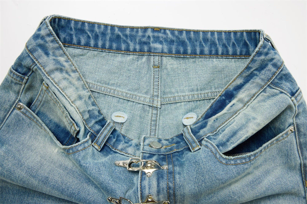 Men's Light Wash Jeans – Floral Embroidery, Metal Clasp Fly & Straight Leg