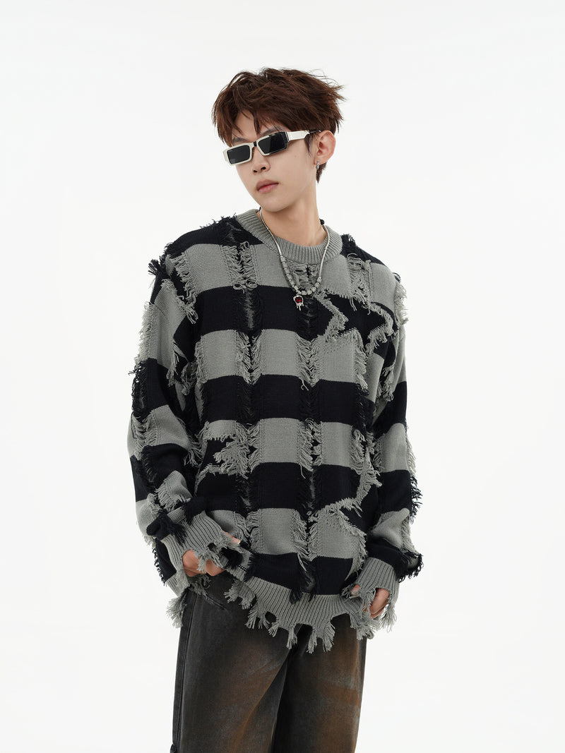 Pull oversize en maille rayée à étoiles délavée – Col rond à franges