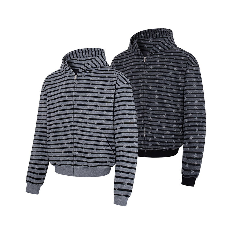 Striped Star Print Zip-Up Hoodie – Relaxed Fit Full-Zip Sweatshirt