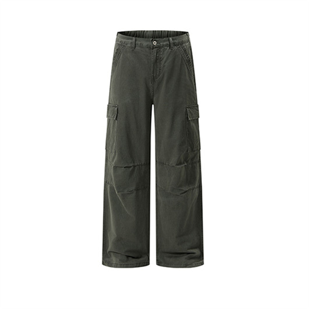Dark olive wide-leg cargo pants with side flap pockets, front view