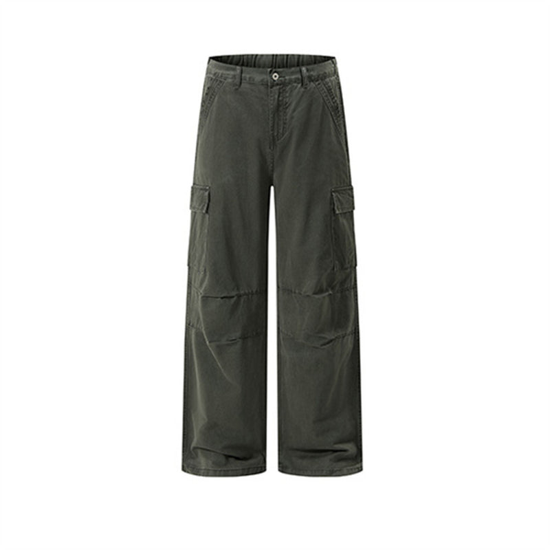 Dark olive wide-leg cargo pants with side flap pockets, front view