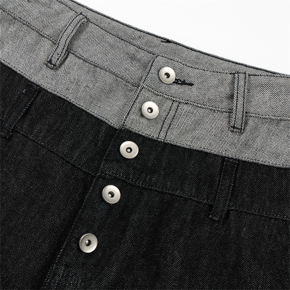 Jean homme à jambes larges – Ceinture bicolore color block et fermeture boutonnée