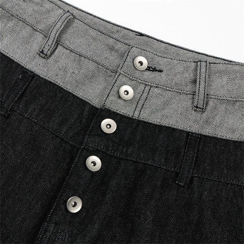 Jean homme à jambes larges – Ceinture bicolore color block et fermeture boutonnée