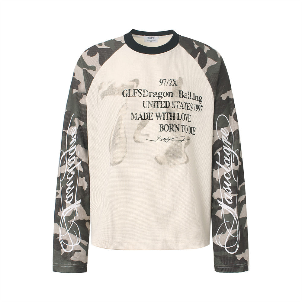 Men's cream waffle-knit long sleeve shirt with camouflage raglan sleeves and chest graphic print