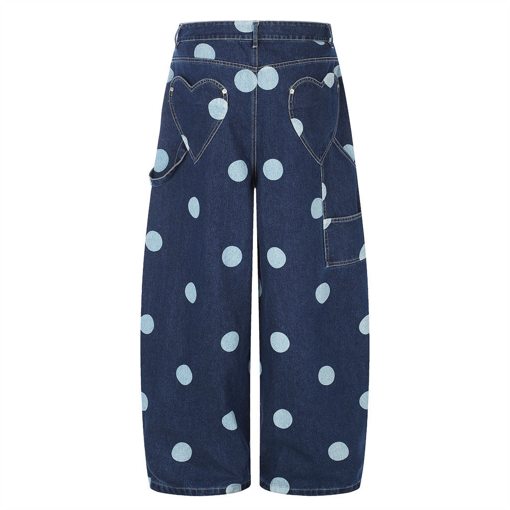 Back view of baggy dark wash jeans with heart-shaped back pockets