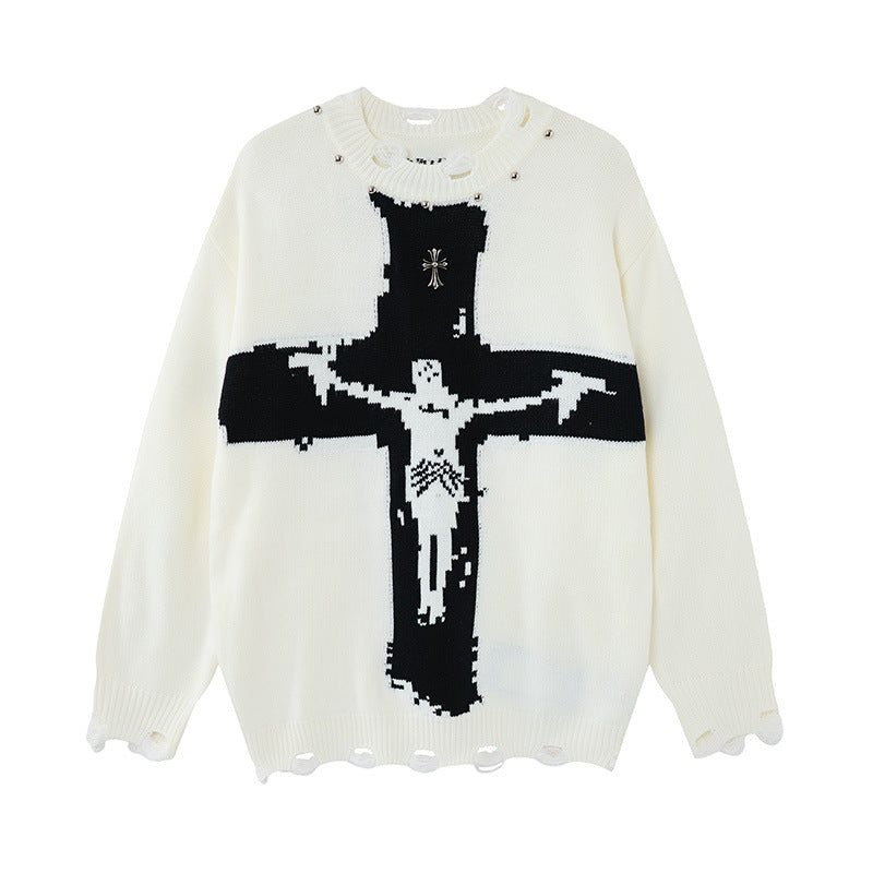 Oversize-Kreuz-Strickpullover – Distressed-Rundhals mit Jacquard-Kreuz
