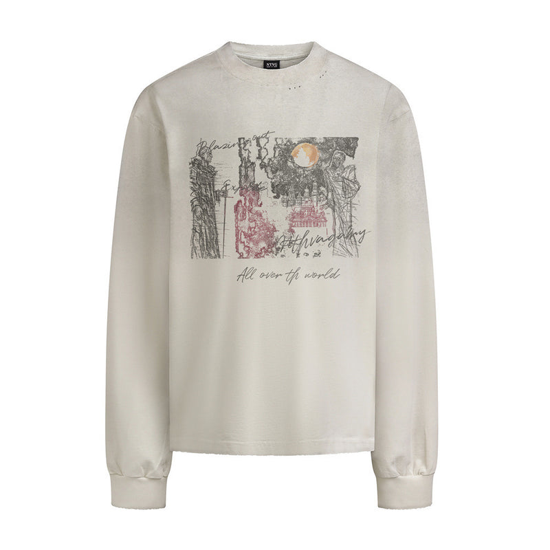 T-shirt homme manches longues graphique graffiti abstrait – Coton délavé, effet usé