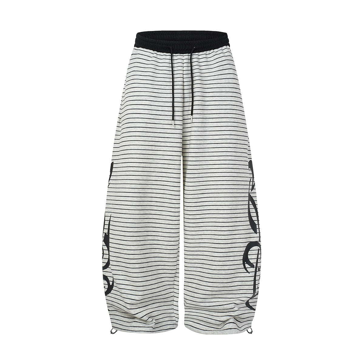 Wide-leg striped sweatpants with Gothic brushstroke graphic print in white colorway, front and back views