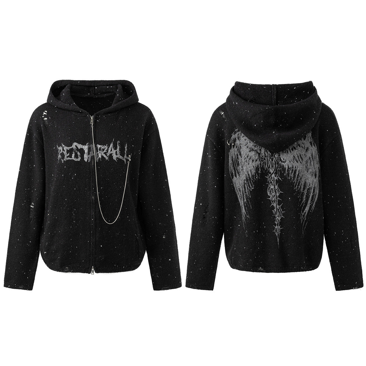Black speckled knit zip-up hoodie with gothic angel wings back graphic and distressed detailing, front and back view