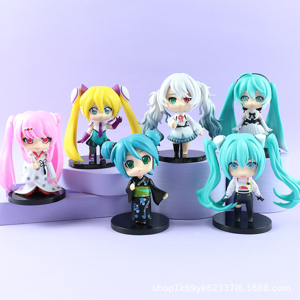 Six 9.4cm anime-style figurines from the Hatsune Miku brand, showcasing iconic large eyes and diverse hair colors such as pink, yellow, white, and turquoise, are set on black bases. The set includes a kimono-clad Hatsune Miku and is beautifully showcased against a light purple backdrop.