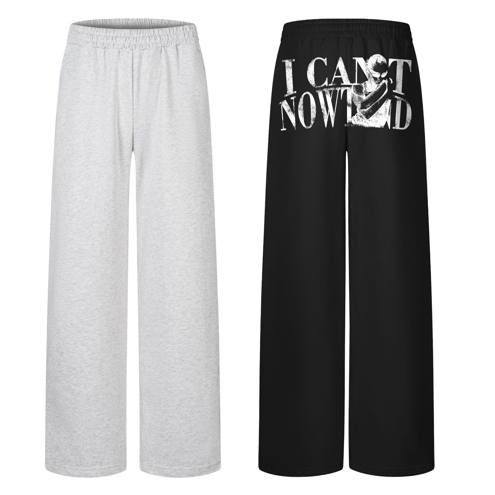 Sweatpants mit weitem Bein und Grafikprint in Schwarz, mit verwaschenem Schriftzug „I Can't Now“ und Figuren-Print auf der Rückseite
