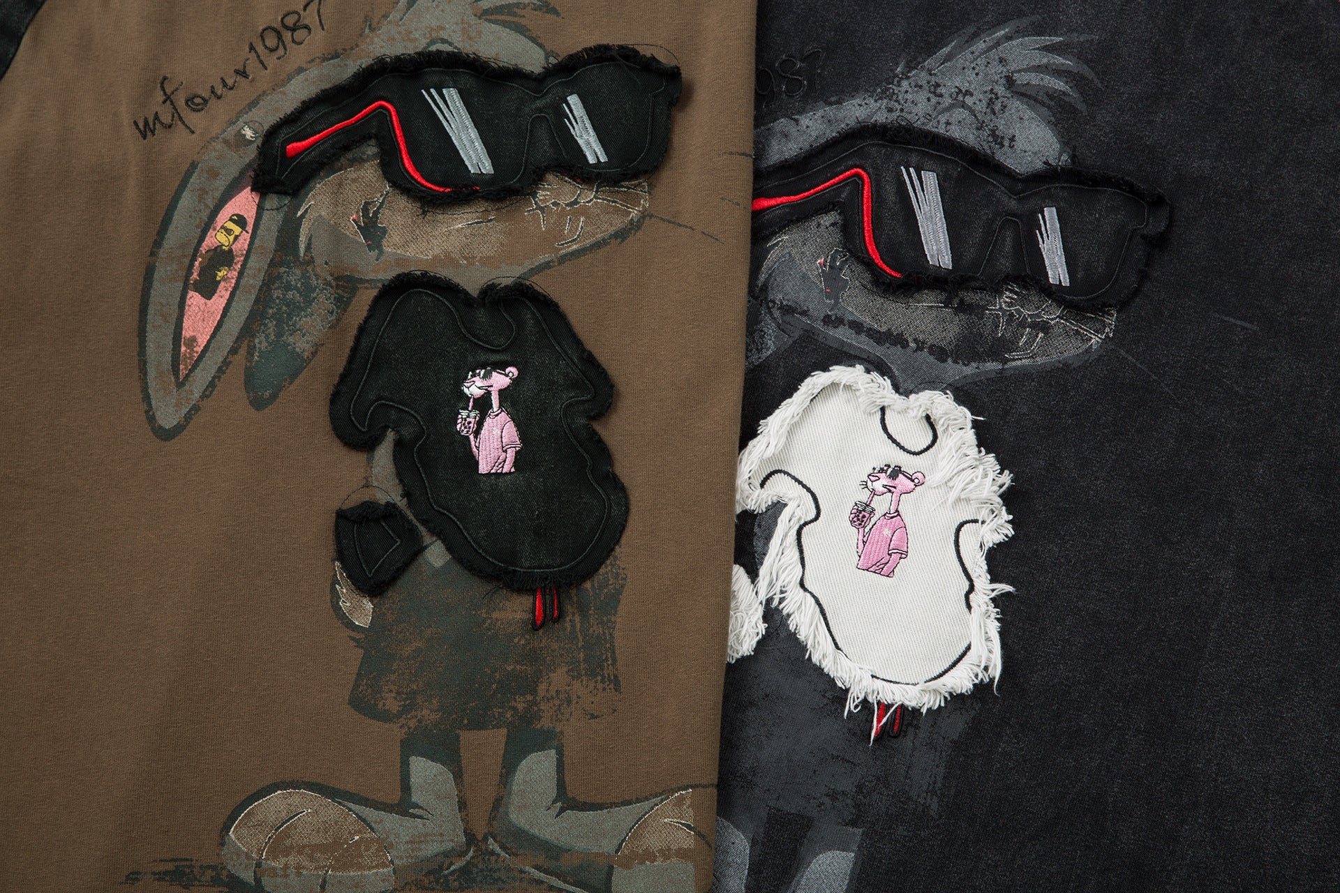 T-shirt graphique à manches longues – Imprimé écusson lapin streetwear, rayures et manches raglan