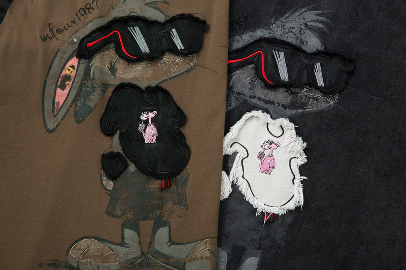 T-shirt graphique à manches longues – Imprimé écusson lapin streetwear, rayures et manches raglan