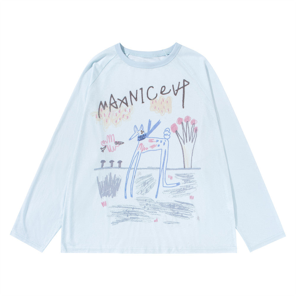 Cartoon Doodle Graphic Long Sleeve Tee – Oversized Crew Neck Shirt
