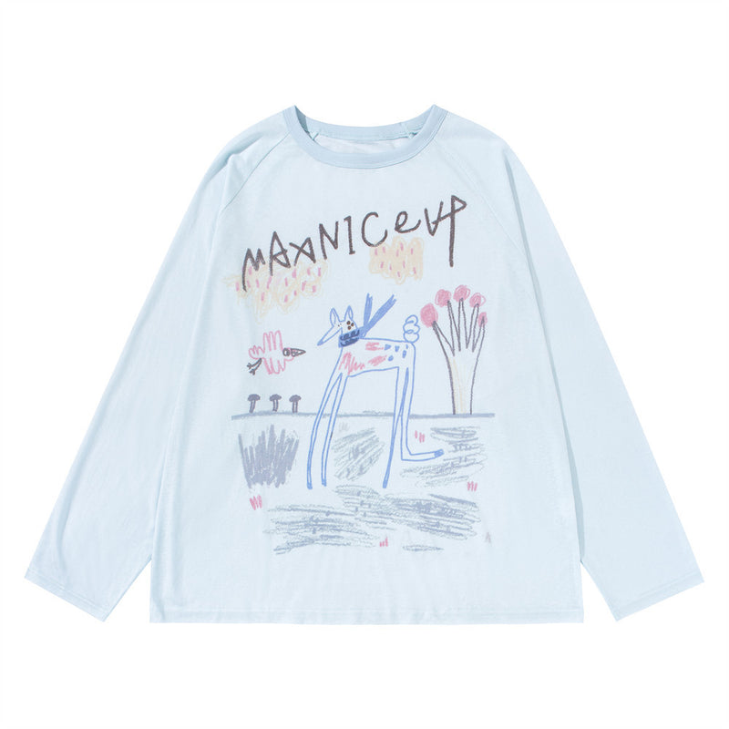 Cartoon Doodle Graphic Long Sleeve Tee – Oversized Crew Neck Shirt