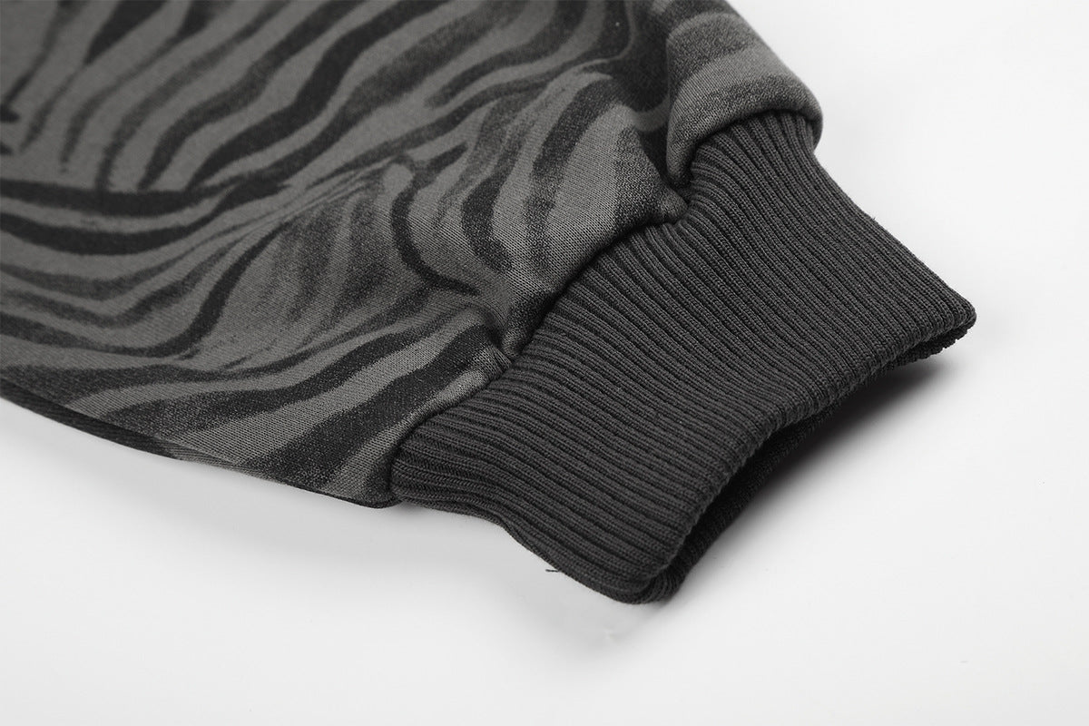 Zebra Print Zip-Up Hoodie Jacket with Pyramid Studs — Grey
