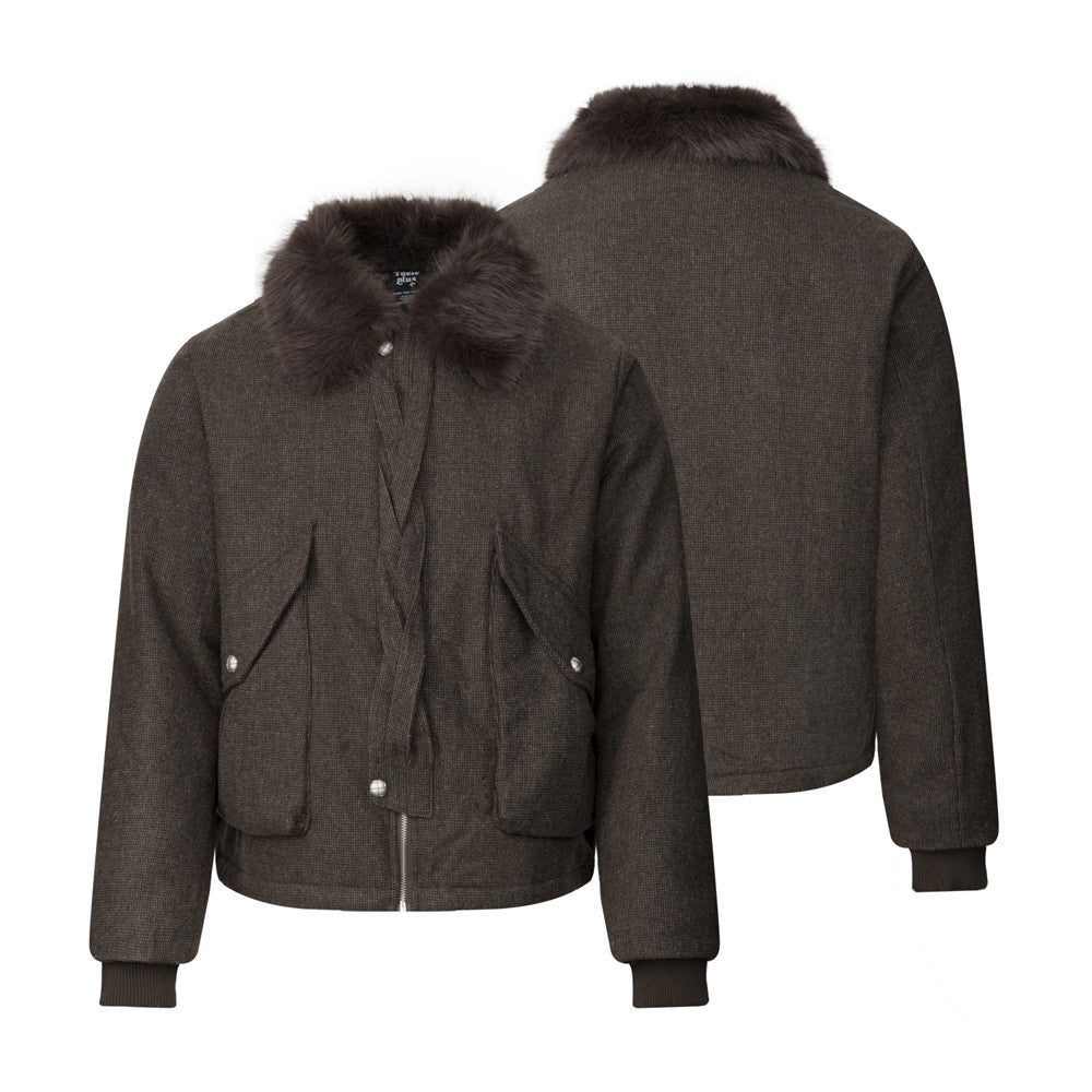 Men's dark brown houndstooth wool-blend bomber jacket with faux-fur collar and cargo pockets, front and back view