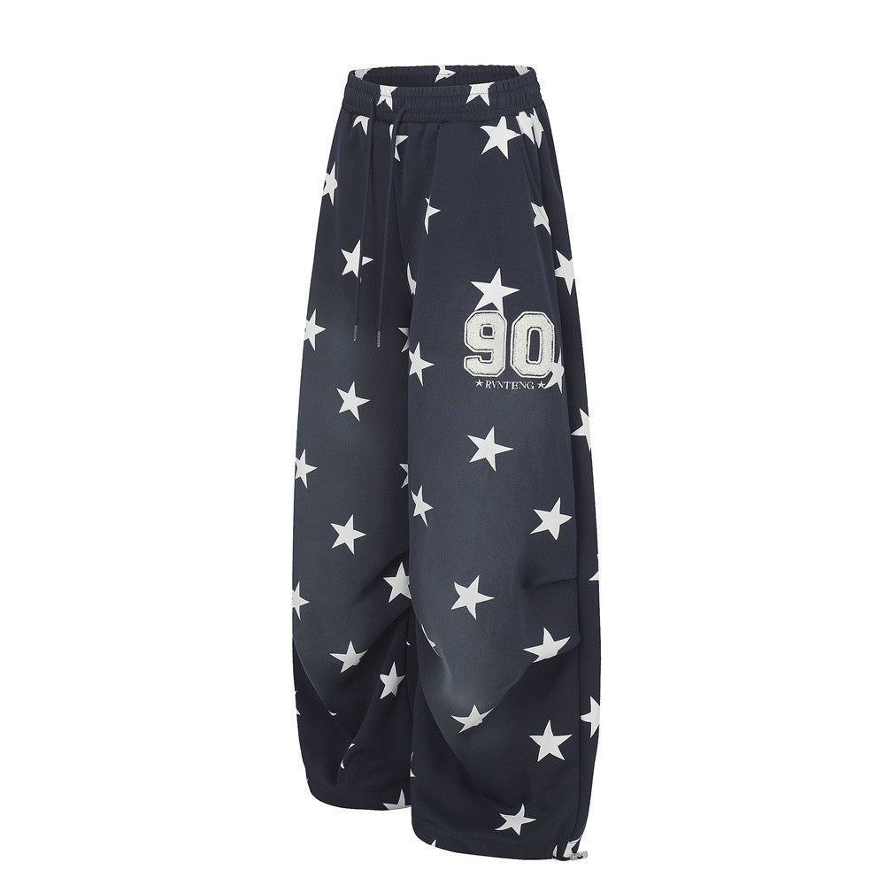Star Print Wide-Leg Sweatpants – Oversized Pleated Streetwear Joggers