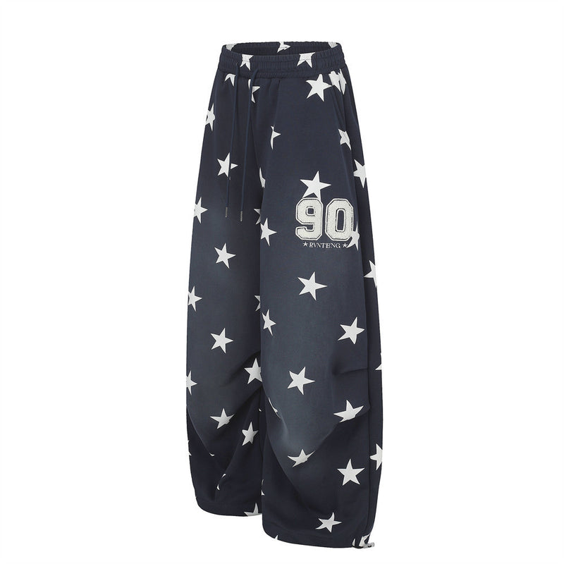 Star Print Wide-Leg Sweatpants – Oversized Pleated Streetwear Joggers
