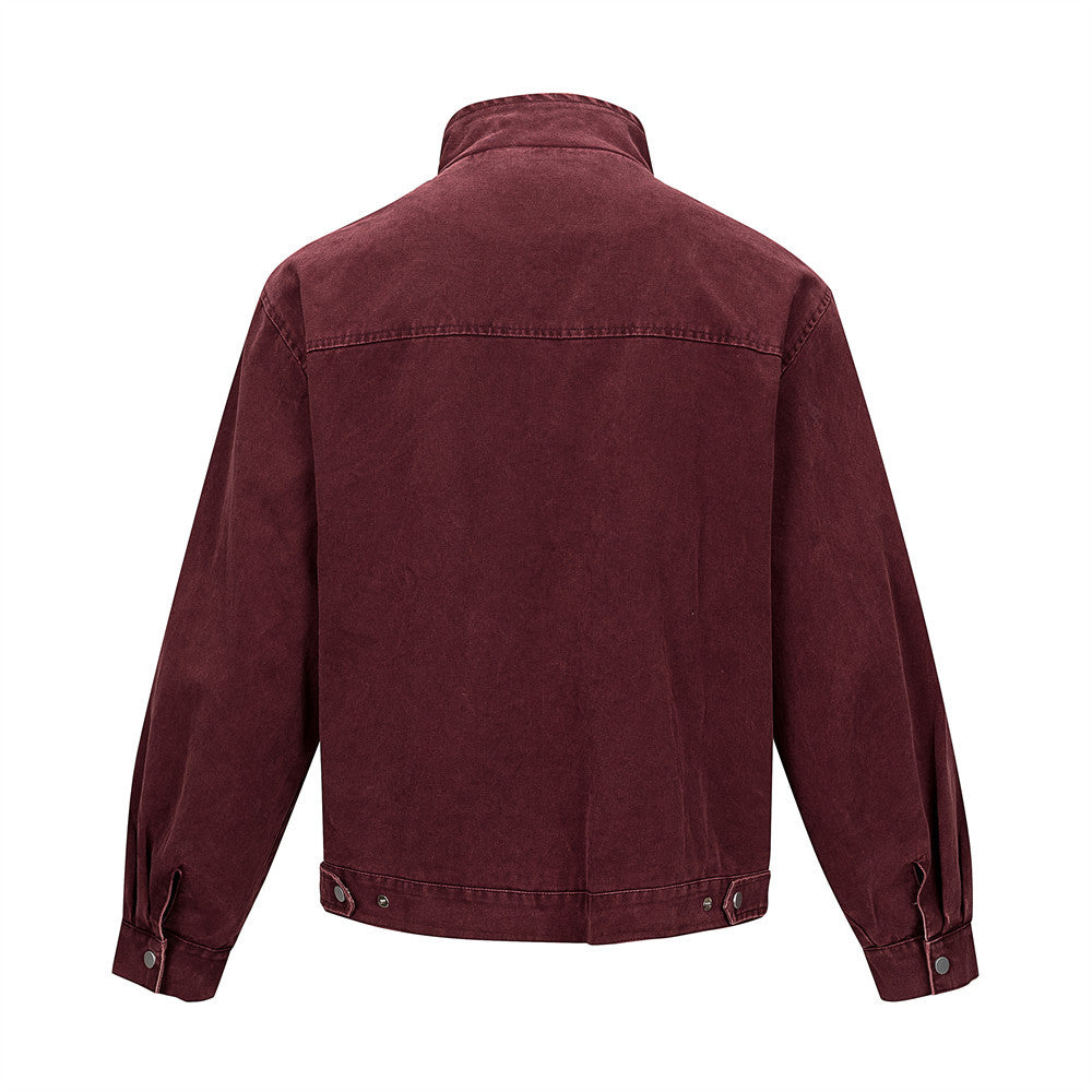 Men's Washed Denim Stand Collar Jacket with Metal Clasp
