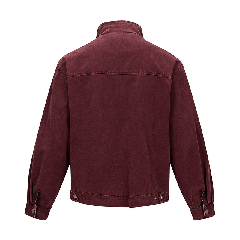 Men's Washed Denim Stand Collar Jacket with Metal Clasp