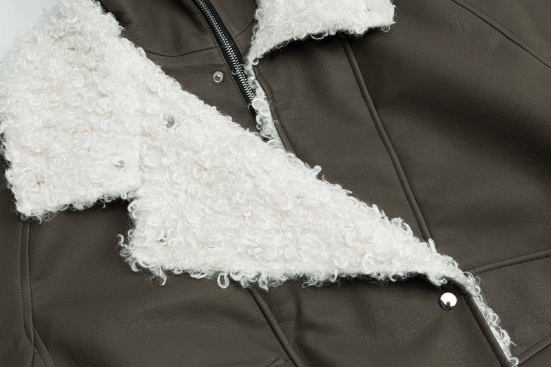 Veste en simili cuir et fourrure, bomber oversize à col sherpa