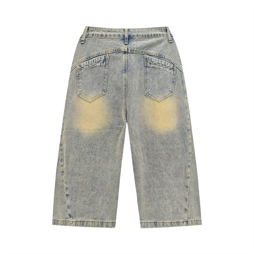 Hand-Painted Splatter Distressed Cargo Denim Shorts