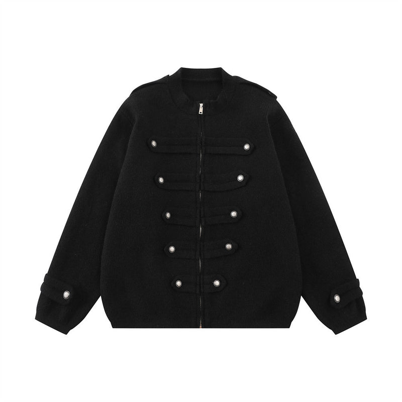 Veste en maille zippée oversize d'inspiration militaire, garniture de boutons sur deux rangées, noire, vue de face