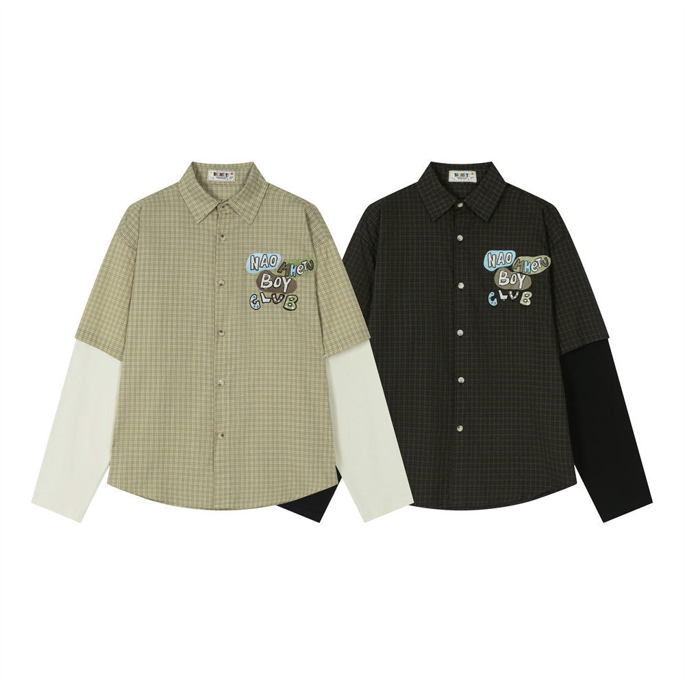 Plaid Faux Two-Piece Long Sleeve Shirt with Letter Embroidery Patch — Oversized