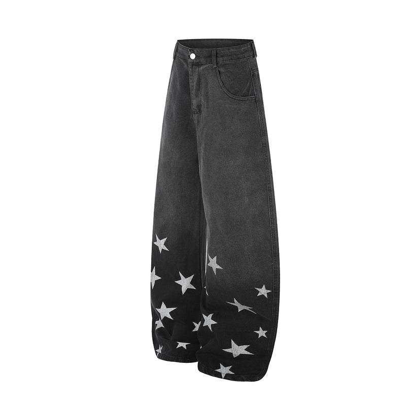 Baggy Wide-Leg-Jeans mit Stern-Print und Farbverlauf-Waschung – High-Waist-Schnitt mit geschwungener Silhouette