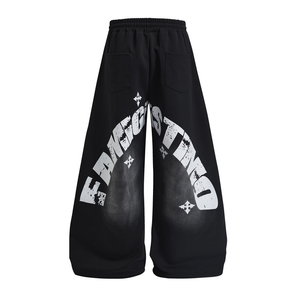Wide-Leg Sweatpants with Distressed Letter Print – Oversized Hip-Hop Streetwear