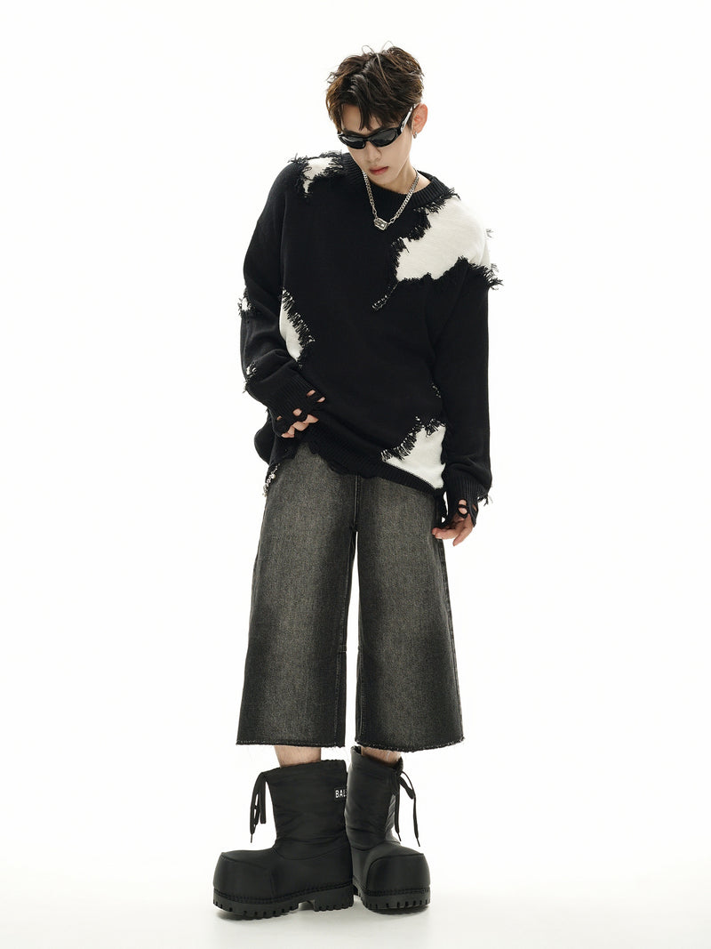 Pull en maille color block effet usé – Pull oversize à franges, style high-street