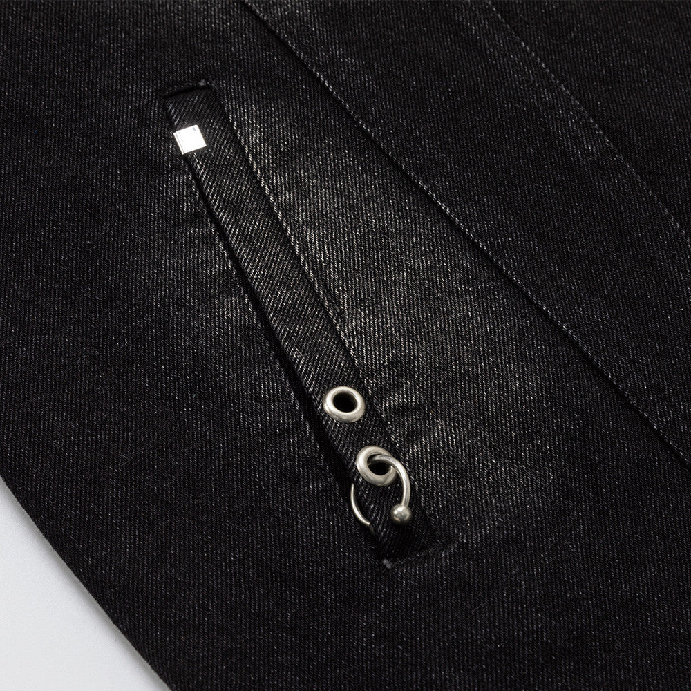 Black Jean Jacket Men – Punk Washed Denim with Metal Ring Hardware
