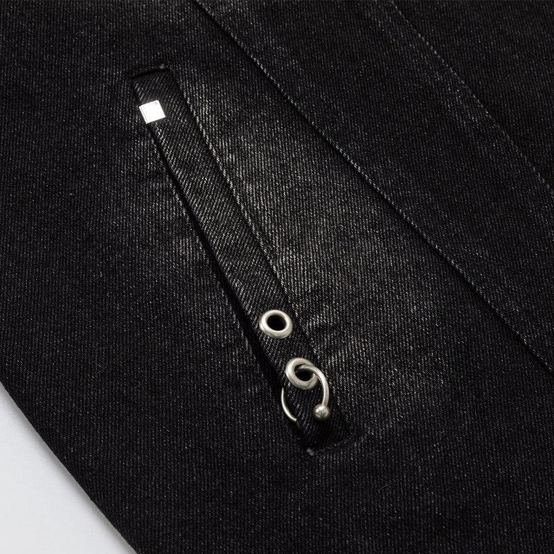 Black Jean Jacket Men – Punk Washed Denim with Metal Ring Hardware