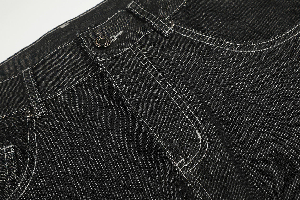 Wide-Leg Baggy Jeans – Skeleton Horse & Sun Embroidery, Dark Wash Black Denim
