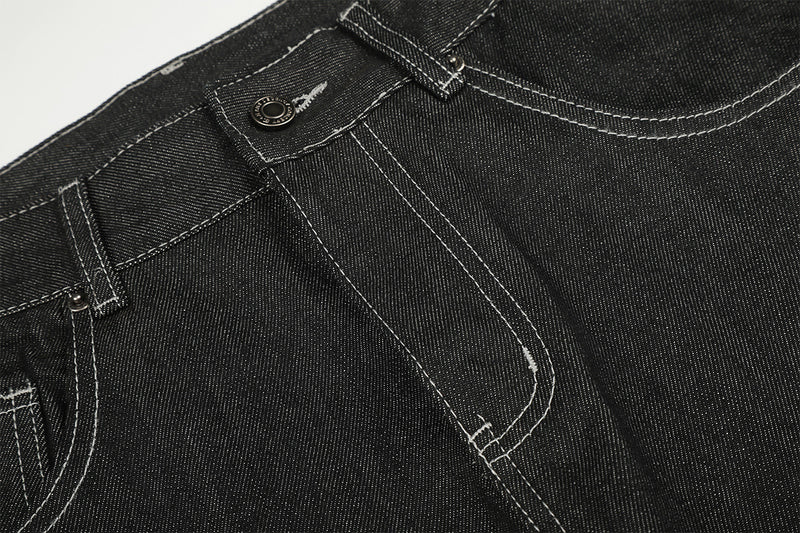 Wide-Leg Baggy Jeans – Skeleton Horse & Sun Embroidery, Dark Wash Black Denim