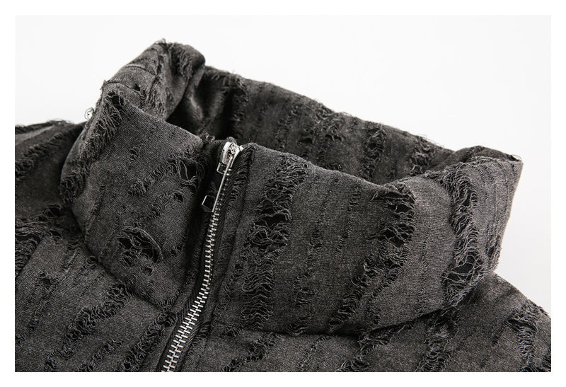 Distressed Texture Puffer Jacket Stand Collar Padded Coat