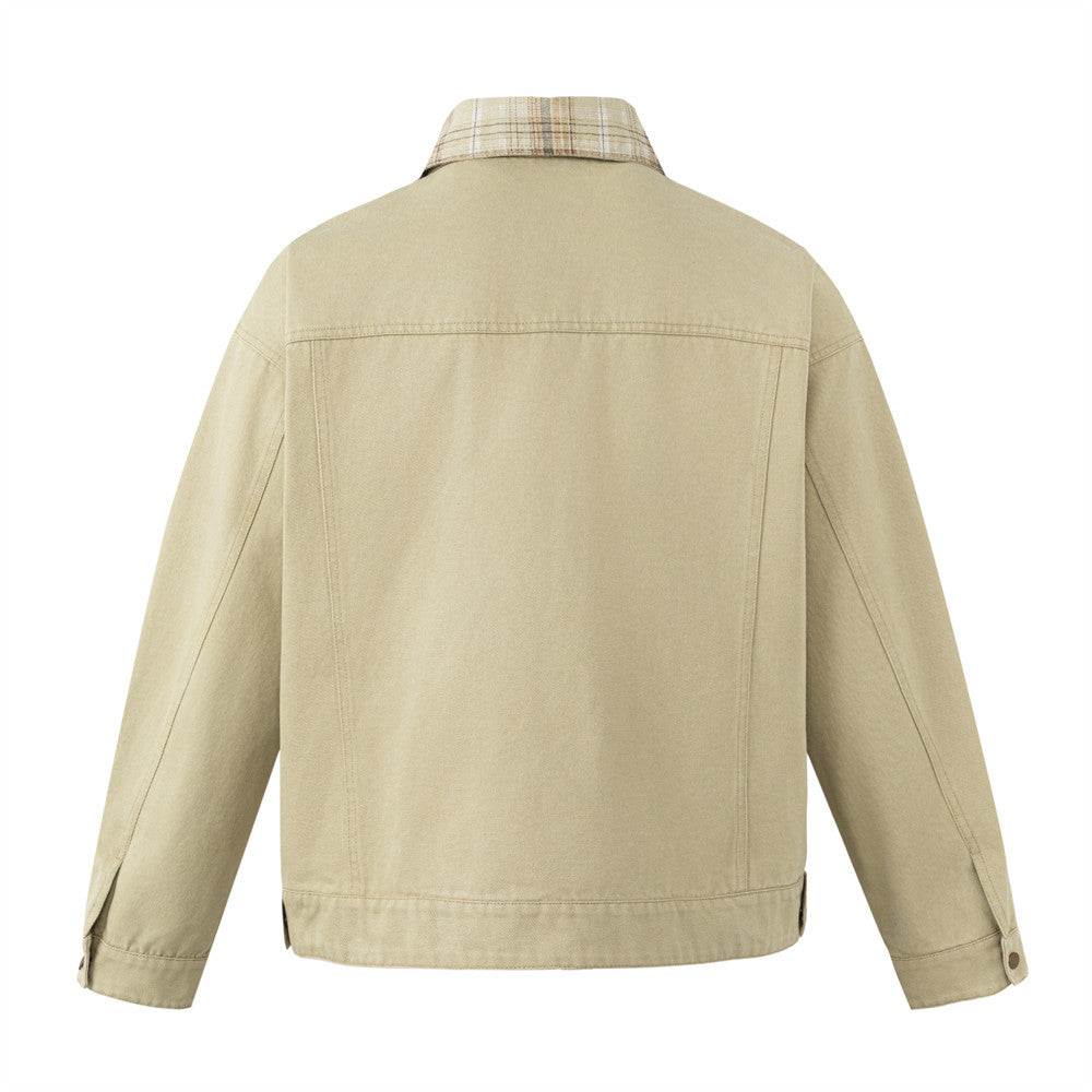 Men's Khaki Workwear Jacket – Relaxed Fit with Plaid Collar & Multi-Pocket