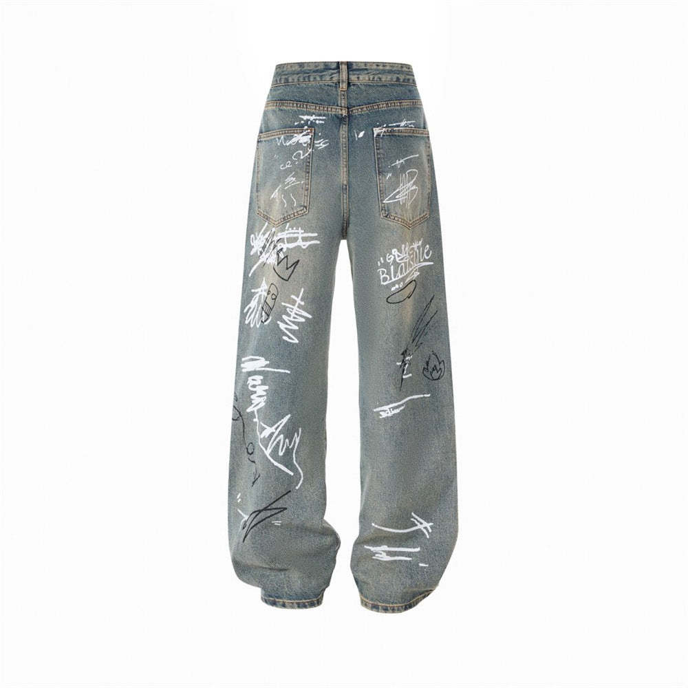 Graffiti Print Wide-Leg Jeans – Punk Streetwear Straight Baggy Denim