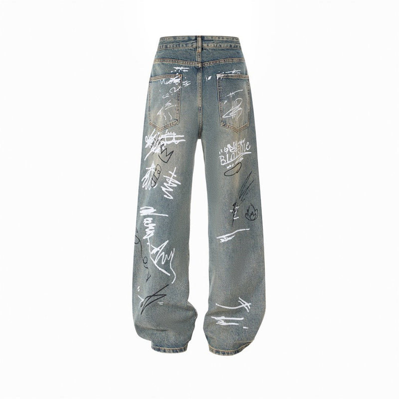 Graffiti Print Wide-Leg Jeans – Punk Streetwear Straight Baggy Denim