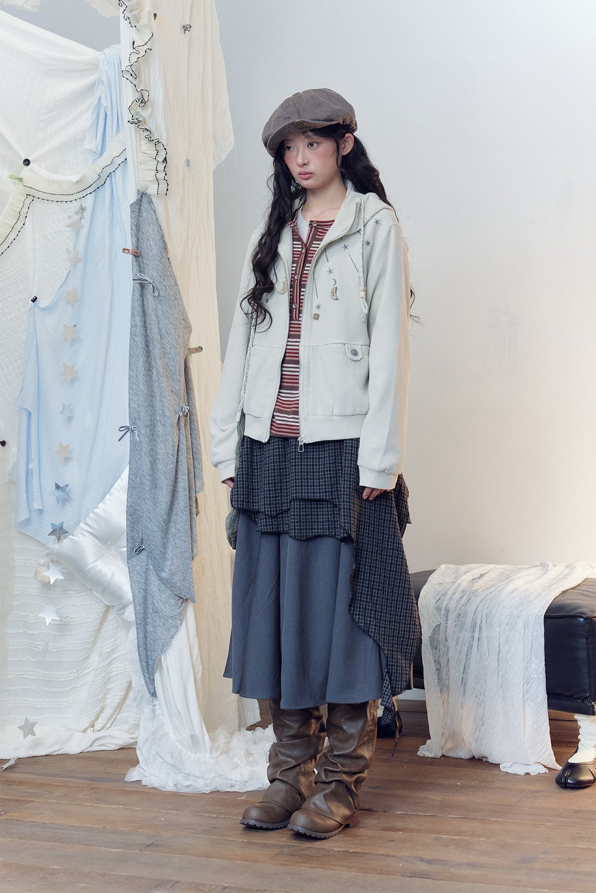 Celestial Moon & Star Embroidered Zip-Up Hoodie Jacket with Hanging Charms