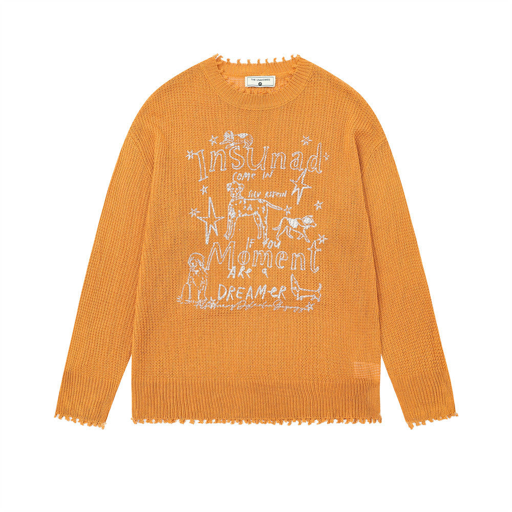 Pull en maille à col rond avec motif chien cartoon – Sweat à base usée