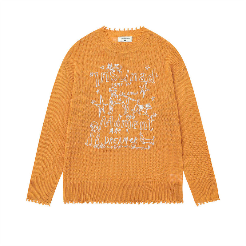 Pull en maille à col rond avec motif chien cartoon – Sweat à base usée