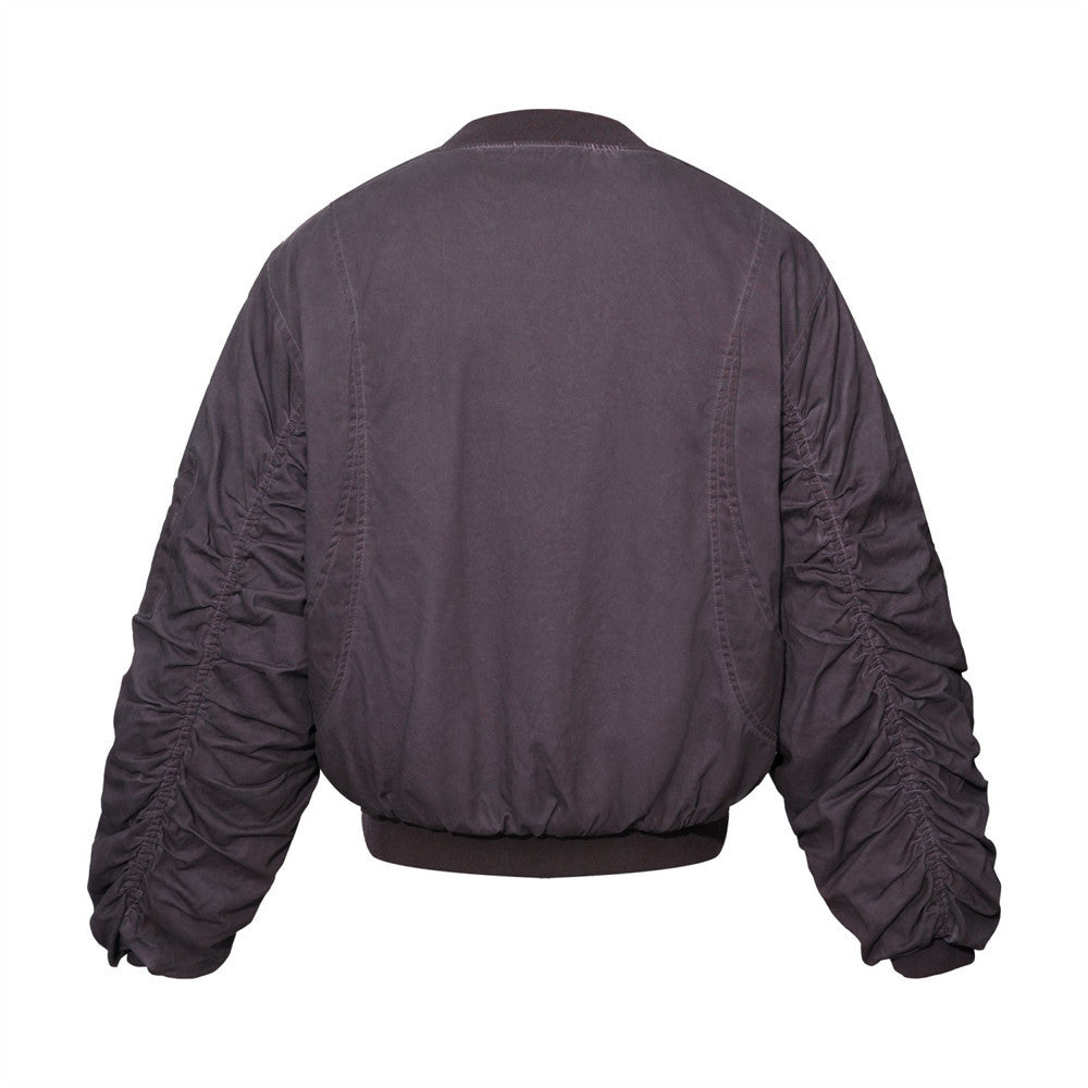 Ruched Sleeve Bomber Jacket with Clasp Front and Stand Collar