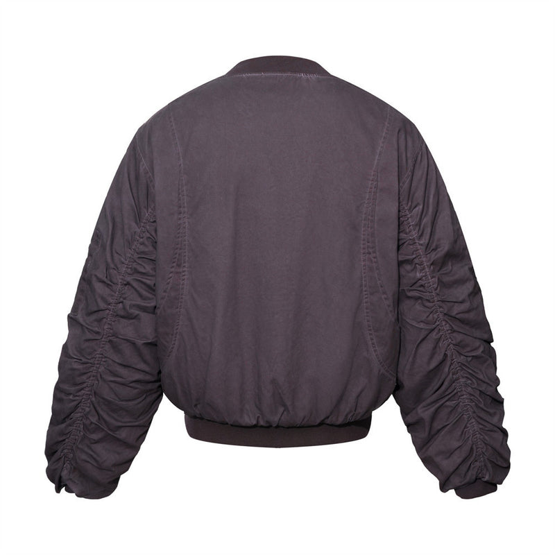 Ruched Sleeve Bomber Jacket with Clasp Front and Stand Collar