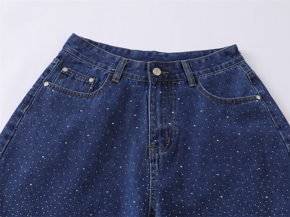 Wide-Leg Denim Shorts with Allover Rhinestone Detail – Men's Cropped Jean Shorts