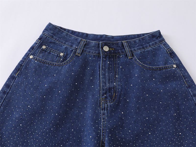 Wide-Leg Denim Shorts with Allover Rhinestone Detail – Men's Cropped Jean Shorts